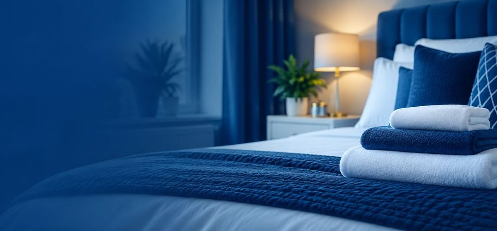 Freshly cleaned bedroom with crisp white bedding, neatly folded towels and blue décor reflecting Pure Property Cleaners' five-star cleaning standards.
